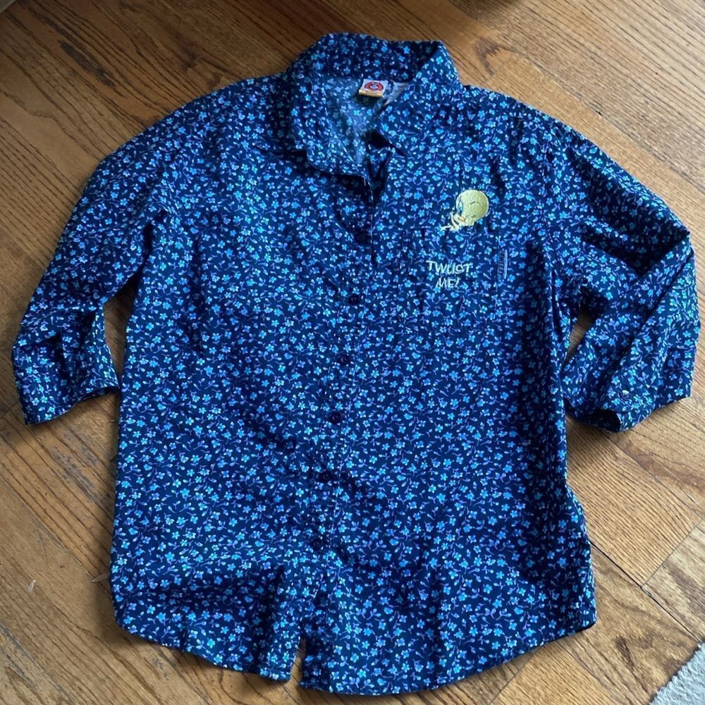 Vintage Looney Tunes 100% Cotton Y2K Disty Print Button Down Shirt Size 14/16 - Picture 8 of 10